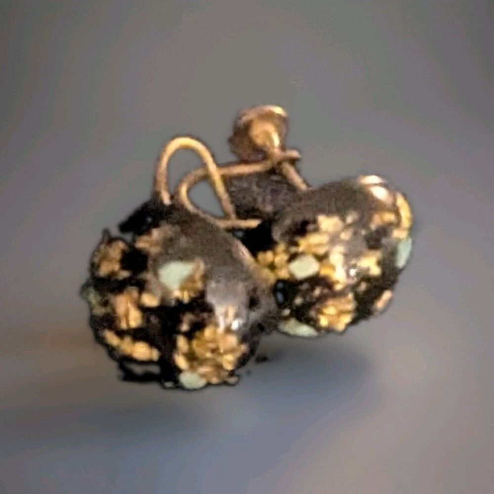 VTG 1950s Black Lucite Confetti Dome Earrings Gold Foil Turquoise Screw Back MCM